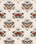 Patterned image featuring ornate butterflies with geometric and celestial designs. Displays a repeating motif.
