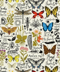 Illustrated pattern featuring various butterflies, dragonflies, and insects in vibrant colors alongside botanical elements and handwritten text, including "Book of Insects" and "World of Insects." The background is light with floral motifs.