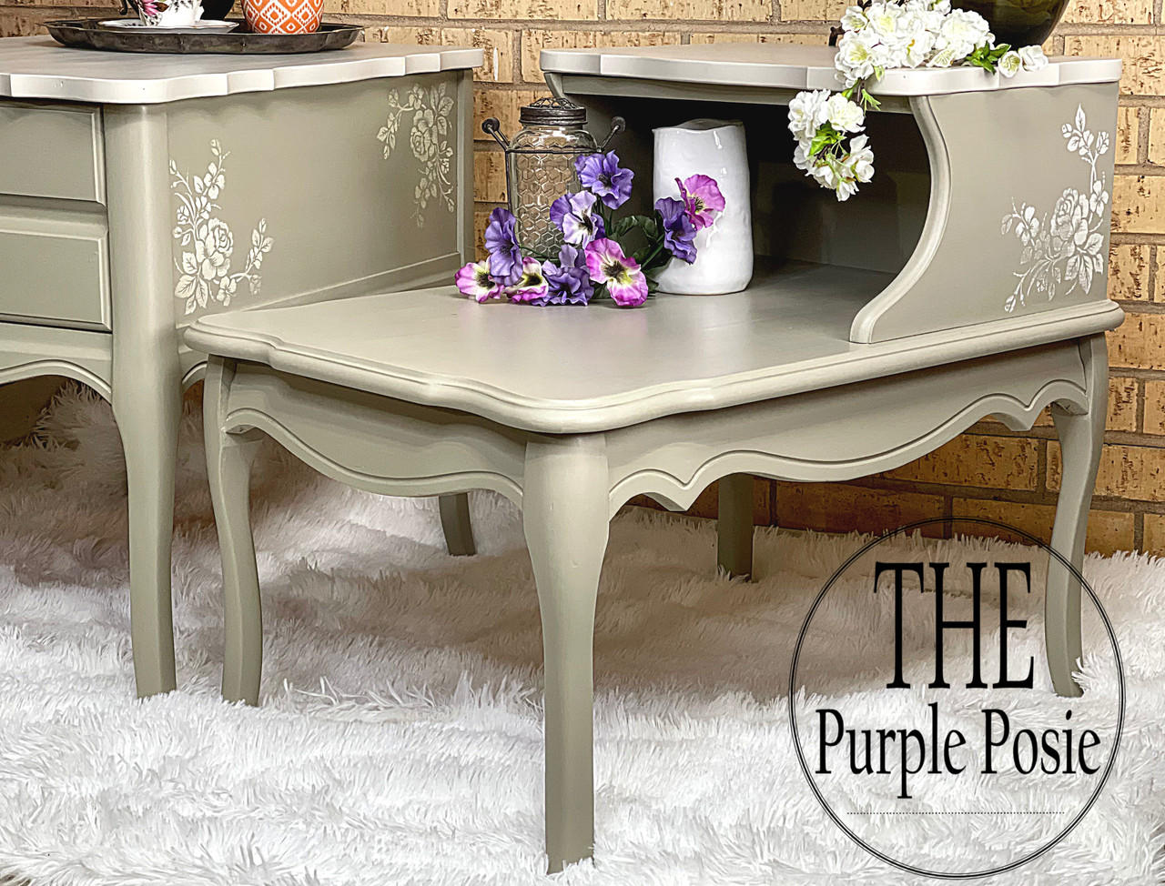 Belles and Whistles Roses - Silkscreen Stencil provides an extra decorative touch to any project! A grey side table antique set, featuring the rose stencil in white on the side.