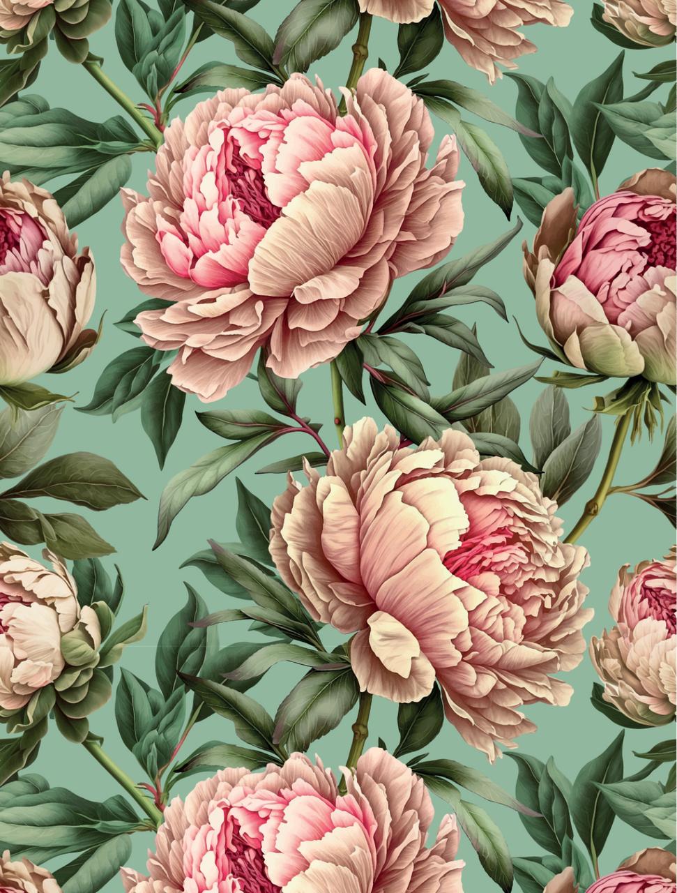 Seamless floral pattern featuring large, pink peonies with lush green leaves on a soft green background. The detailed, blooming flowers create an elegant, vintage-inspired design.