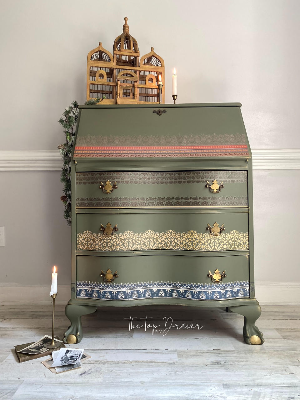 Green painted dresser with gold accents and 3 drawers. The Bohemian Dream Transfer has been applied to the bottom of each drawer and the top of the 1st drawer.