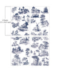 A collage of various blue and white pastoral scenes featuring countryside landscapes, farms, windmills, and floral motifs, all depicted in a detailed, traditional illustration style. "4 Sheets- 12 in. x 18.6 in. each"