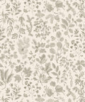 Patterned decoupage paper with intricate botanical illustrations in shades of greyish green. Various types of leaves and plants are arranged in a repeating design on a beige background, creating a vintage and delicate appearance.