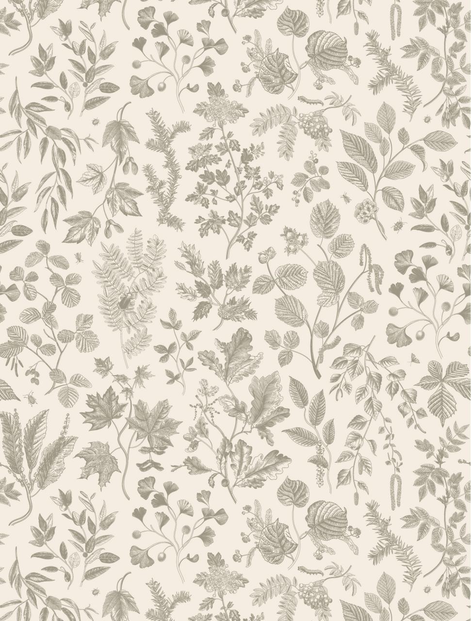 Patterned decoupage paper with intricate botanical illustrations in shades of greyish green. Various types of leaves and plants are arranged in a repeating design on a beige background, creating a vintage and delicate appearance.