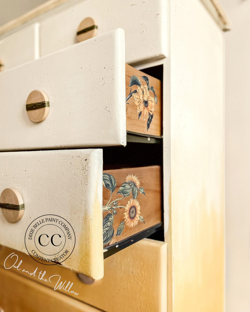 Dixie Belle Paint Buttercream Chalk Mineral Paint is the perfect paint for any DIY project!
Opened drawer of a dresser in Buttercream Chalk Mineral Paint fading into a mute yellow with the side of the drawers showing Sunflowers - Transfer.