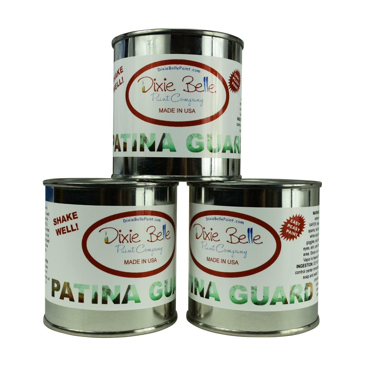 Dixie Belle Paint Patina Guard. 3 Cans of Patina guard stacked on top of each other.