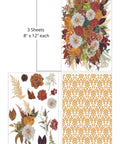 A decorative image split into two sections: on the left, a yellowish gold ornamental pattern and on the right, a vibrant array of assorted flowers and leaves forming a dense, colorful bouquet. "3 Sheets- 8 in. x 12 in. each"