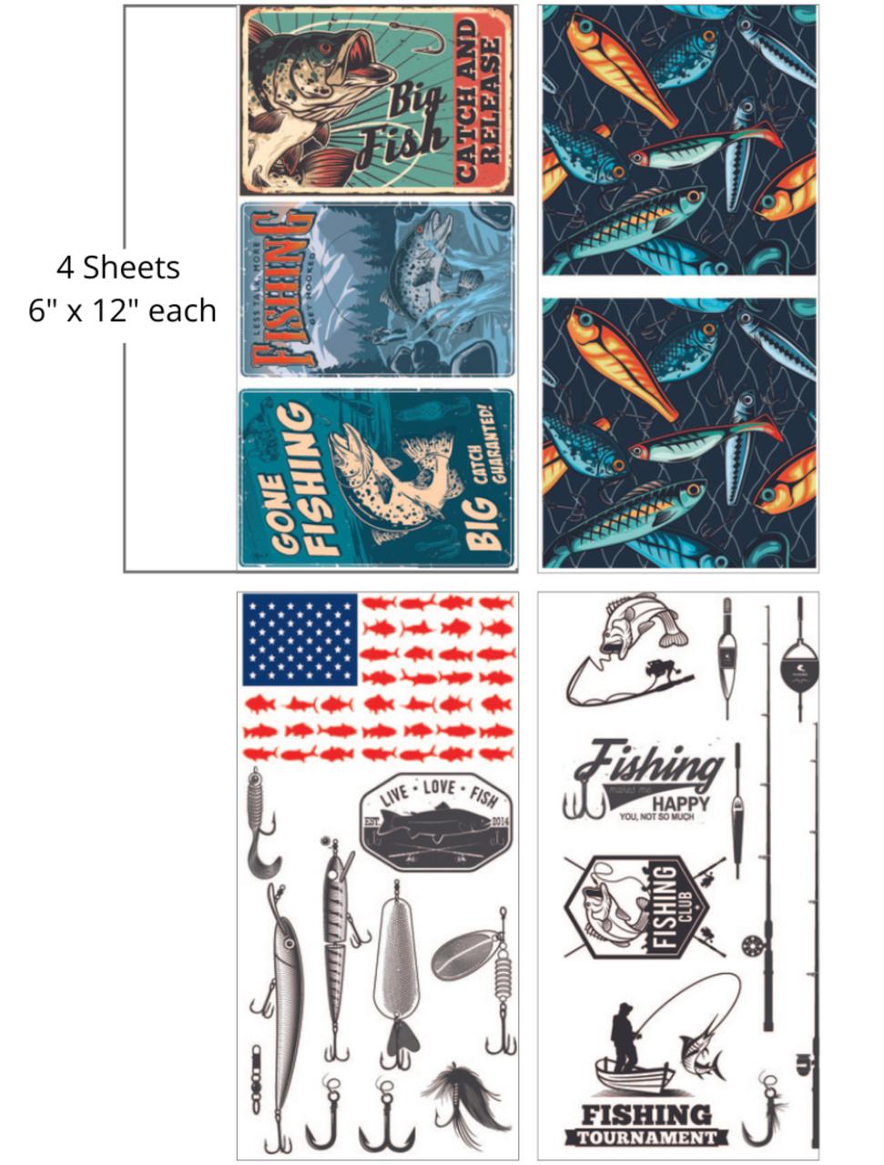 A collage of fishing themed graphics including stylized fish, fishing lures, and text such as "big catch" and "fishing tournament," set against various backgrounds like the American flag and abstract designs. "4 Sheets- 6 in. x 12 in. each"