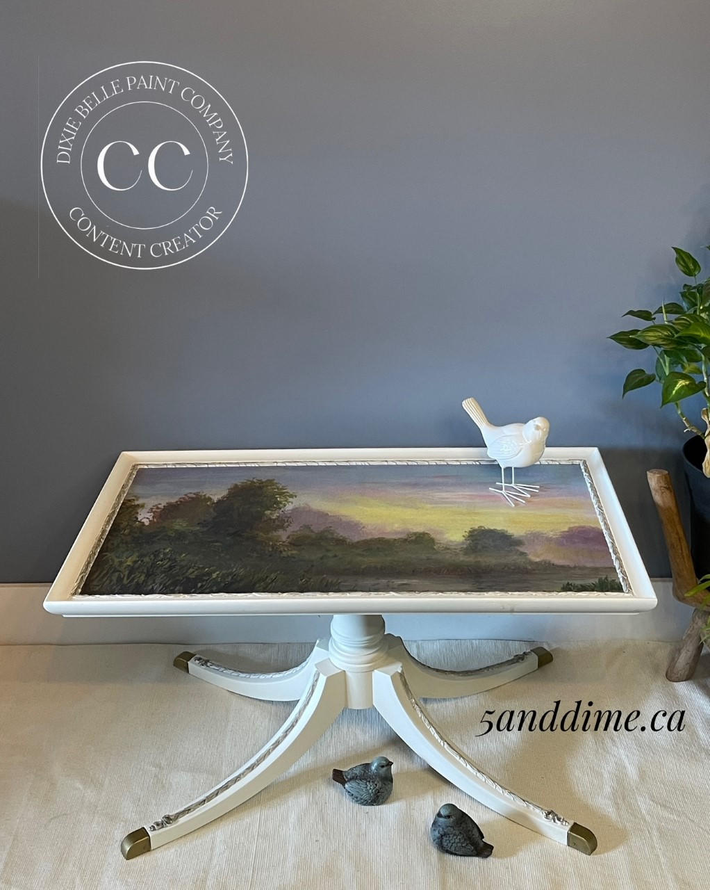 Belles and Whistles Late Aurora - A1 Rice Decoupage Paper , tv tray that the trim is painted in Chalk Mineral paint in Fluff and the Late Aurora Rice Decoupage Paper on top with a small bird on the upper right corner for staging.