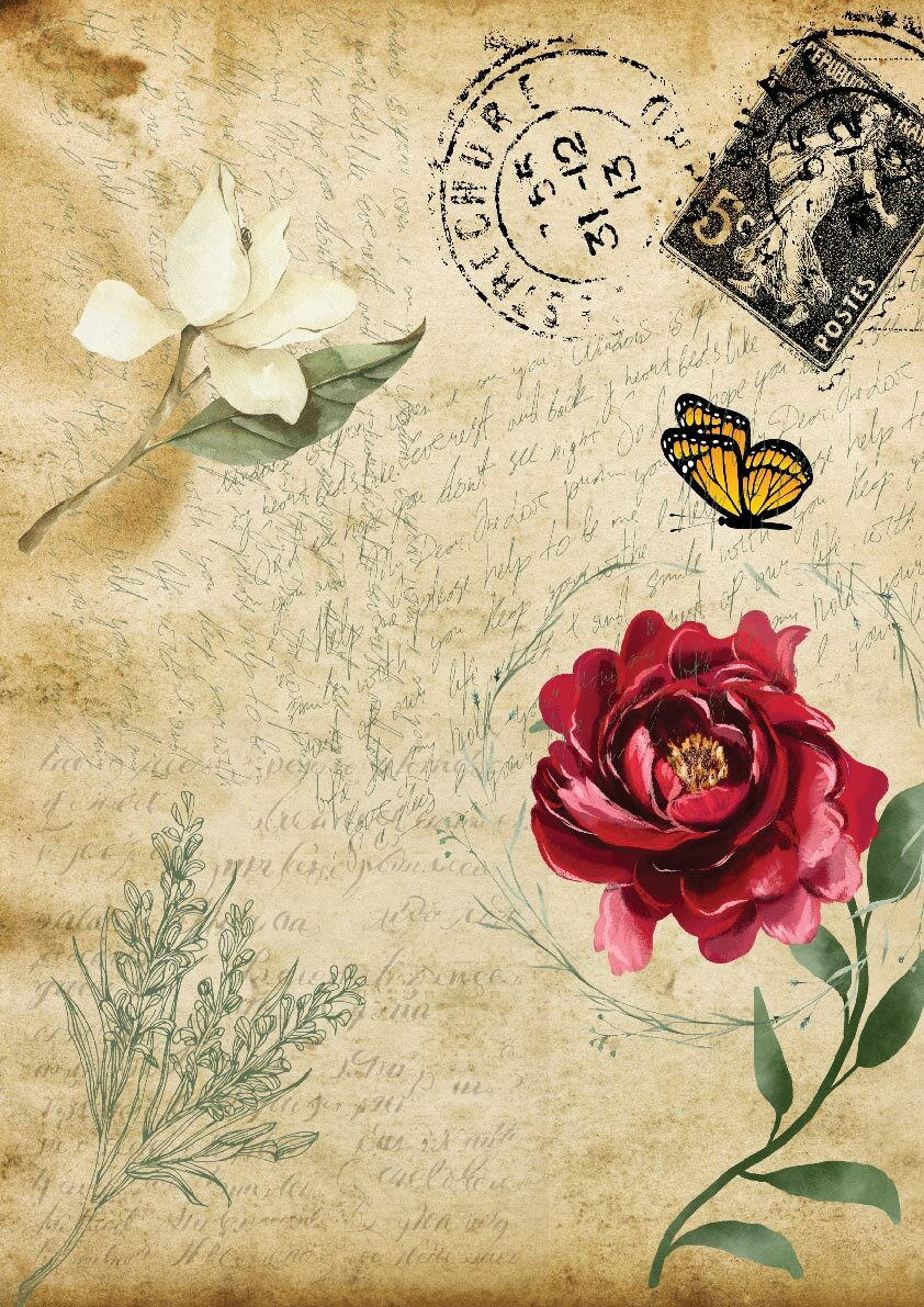 Image of Old Postcard A3 Rice Decoupage Paper. Vintage collage with floral elements and postmarks on an old script background.