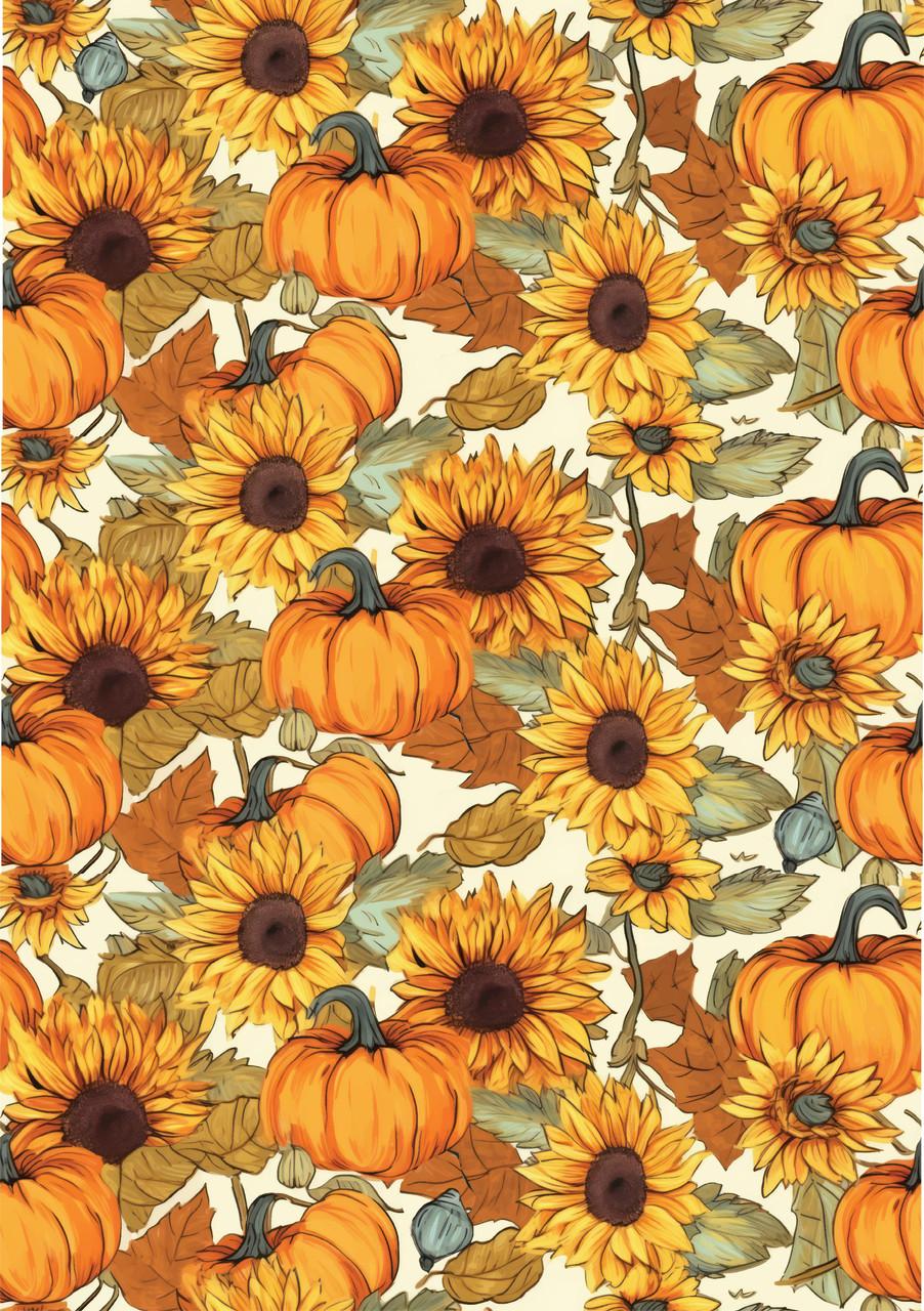 Three panels of fall-themed patterns: the third displays sunflowers and pumpkins on an orange background.