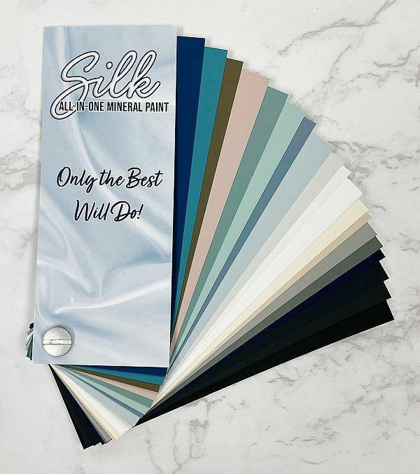 Silk All-In-One Mineral Paint Silk Paint Fan Deck. An image of the fan deck slightly fanned out, showing the colors in the Silk Mineral Paint line.