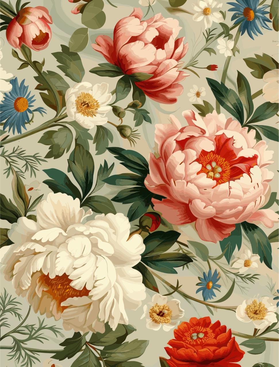 A vintage-style floral pattern featuring large pink and white peonies, small daisies, and blue asters on a light background. Lush green leaves intertwine among the flowers, creating a seamless design.