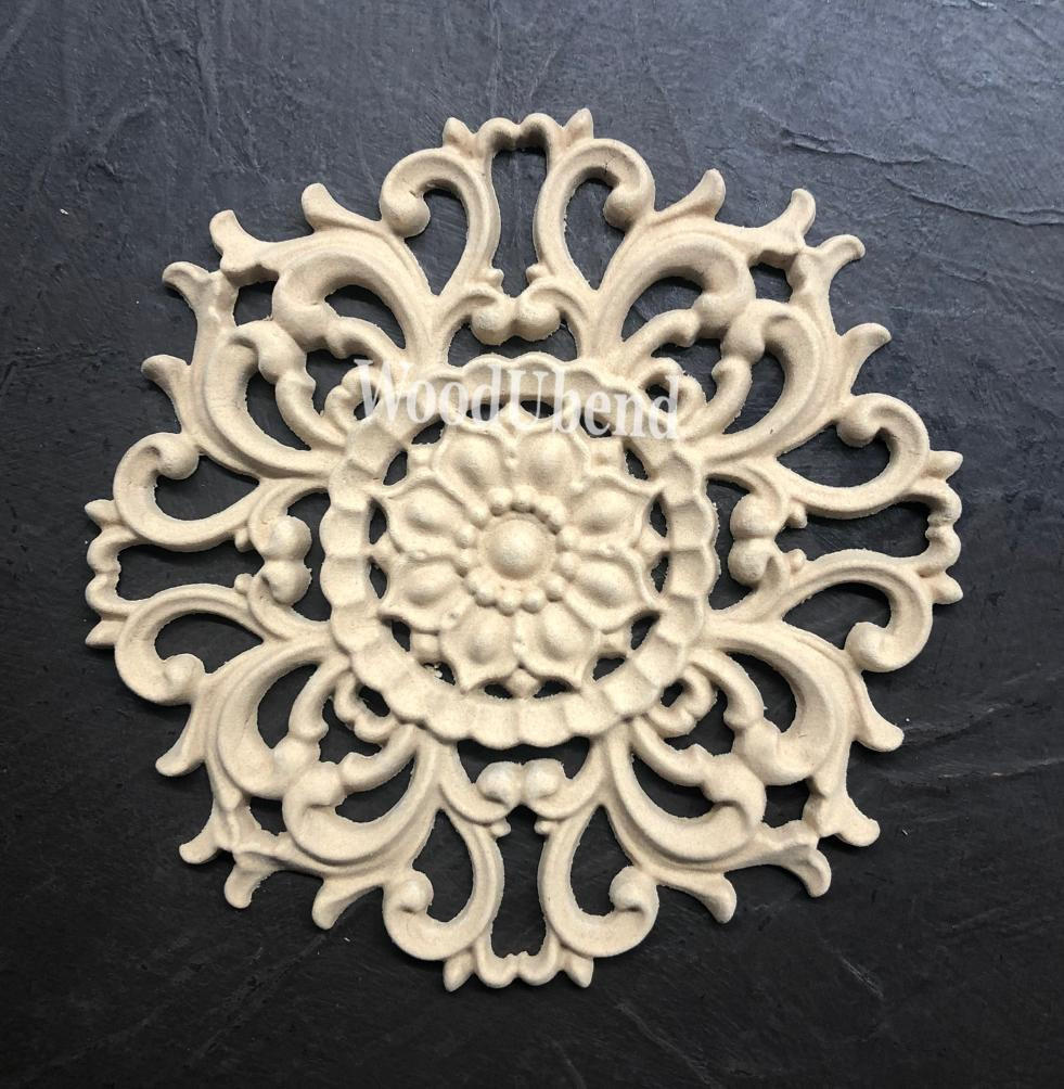 WoodUBend Floral Applique #2082 (set of 2)
Image shows one of the Floral Applique #2082 staged flat on a black background.