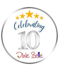 This is a logo for Dixie Belle 10 year anniversary with 5 gold stars, Dixie Belle and a silver number 10