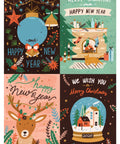 Four illustrated festive postcards featuring Christmas and new year themes, including animals, decorations, and seasonal greetings. Each card is vibrant and distinct with holiday motifs.