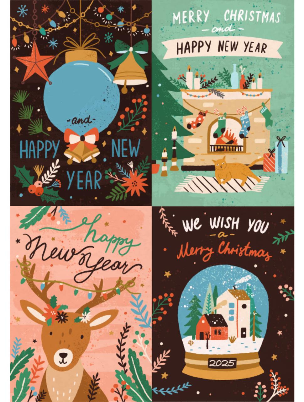 Four illustrated festive postcards featuring Christmas and new year themes, including animals, decorations, and seasonal greetings. Each card is vibrant and distinct with holiday motifs.