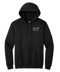 A black hooded sweatshirt with a front pocket. The upper left chest has white text and a simple design, reading "Dixie Belle Peace Love Paint."