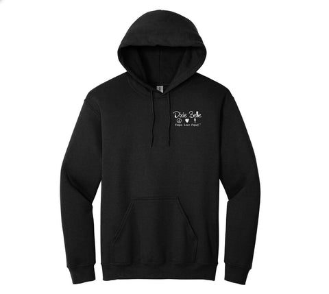A black hooded sweatshirt with a front pocket. The upper left chest has white text and a simple design, reading "Dixie Belle Peace Love Paint."