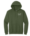Olive green hooded sweatshirt with a front pocket and white text on the left chest reading â€œDixie Belle Peace Love Paint."