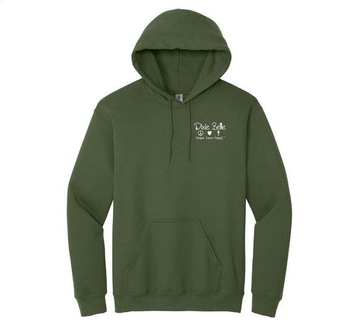Olive green hooded sweatshirt with a front pocket and white text on the left chest reading â€œDixie Belle Peace Love Paint."