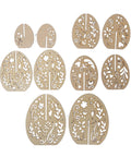 Ten intricately designed wooden cutouts, shaped like eggs, each with unique floral and heart patterns. The cutouts are arranged in three rows, showcasing variations in size and design.