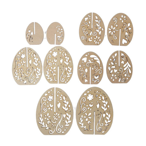 Ten intricately designed wooden cutouts, shaped like eggs, each with unique floral and heart patterns. The cutouts are arranged in three rows, showcasing variations in size and design.