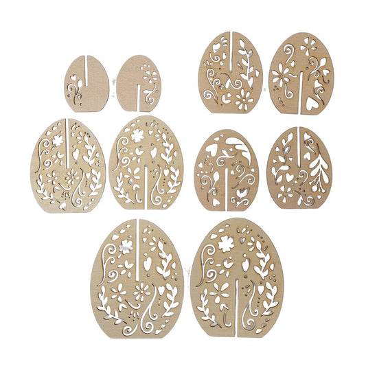 Ten intricately designed wooden cutouts, shaped like eggs, each with unique floral and heart patterns. The cutouts are arranged in three rows, showcasing variations in size and design.
