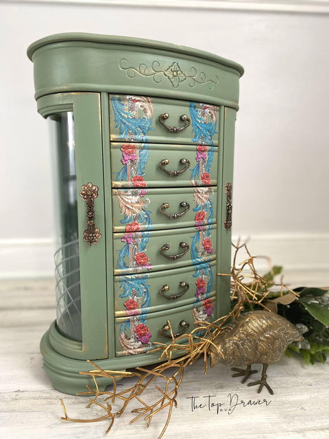 Jewelry Box chalk painted with Weeping Willow chalk paint adorned with gilded age rub on transfer, decorated with a bird in front, gold twigs and greenery