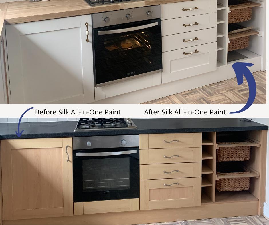 before and after picture of lower kitchen cabinets that were painted with Silk All In One Mineral paint.  wicker baskets are to the right of the photo.