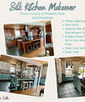 Kitchen makeover with Silk All In One Mineral paint, three pictures.  The top picture is a before kitchen with wood cabinets and an island with barstools.  The bottom two pictures are top painted cabinets in white and the bottom in a blue/green color.  two white barstools.