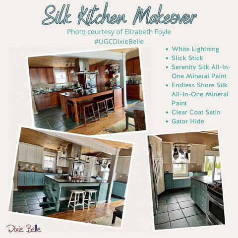 Kitchen makeover with Silk All In One Mineral paint, three pictures.  The top picture is a before kitchen with wood cabinets and an island with barstools.  The bottom two pictures are top painted cabinets in white and the bottom in a blue/green color.  two white barstools.