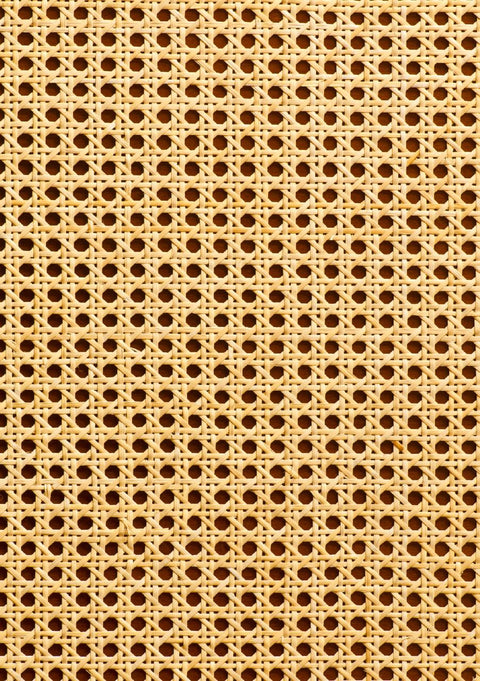 Close-up of a woven cane chair seat with a hexagonal pattern. The natural beige material forms a symmetrical, openwork design, creating a textured and airy appearance.