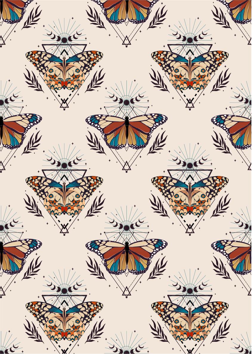 Patterned image featuring ornate butterflies with geometric and celestial designs. Displays a repeating motif.