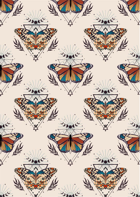 Patterned image featuring ornate butterflies with geometric and celestial designs. Displays a repeating motif.