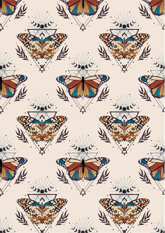 Patterned image featuring ornate butterflies with geometric and celestial designs. Displays a repeating motif.