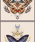 Patterned image featuring ornate butterflies with geometric and celestial designs. Shows two individual butterfly illustrations with intricate details, sun, moon, and star elements.