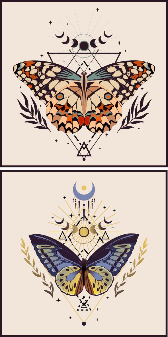Patterned image featuring ornate butterflies with geometric and celestial designs. Shows two individual butterfly illustrations with intricate details, sun, moon, and star elements.