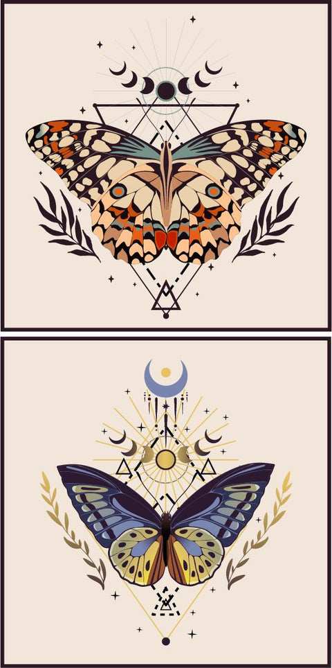 Patterned image featuring ornate butterflies with geometric and celestial designs. Shows two individual butterfly illustrations with intricate details, sun, moon, and star elements.