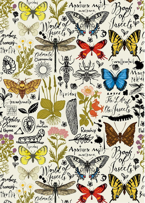 Illustrated pattern featuring various butterflies, dragonflies, and insects in vibrant colors alongside botanical elements and handwritten text, including "Book of Insects" and "World of Insects." The background is light with floral motifs.