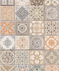 A collage of twenty four square tiles, each featuring intricate patterns and a variety of colors including blue, orange, and beige. The designs range from floral and geometric to abstract motifs, giving a vintage and artistic feel.