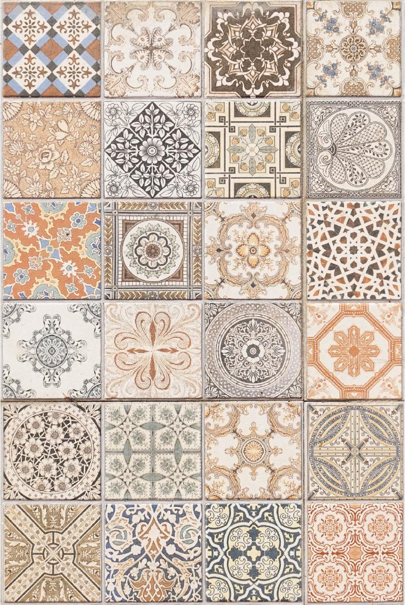 A collage of twenty four square tiles, each featuring intricate patterns and a variety of colors including blue, orange, and beige. The designs range from floral and geometric to abstract motifs, giving a vintage and artistic feel.