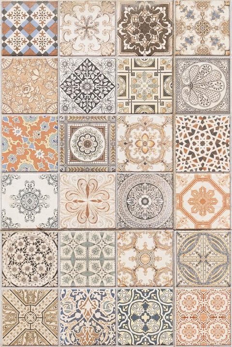 A collage of twenty four square tiles, each featuring intricate patterns and a variety of colors including blue, orange, and beige. The designs range from floral and geometric to abstract motifs, giving a vintage and artistic feel.