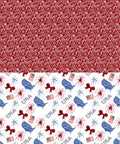 The image shows two patterned sections: the top half is a red paisley design with flowers, and the bottom half features various red, white, and blue patriotic icons, including flags, bows, fireworks, and the words "God Bless America" and "USA."