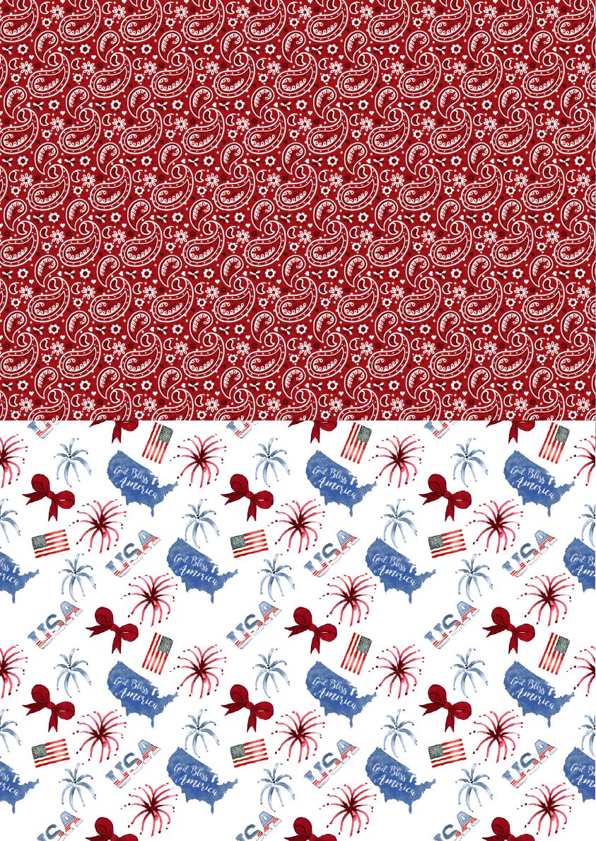 The image shows two patterned sections: the top half is a red paisley design with flowers, and the bottom half features various red, white, and blue patriotic icons, including flags, bows, fireworks, and the words "God Bless America" and "USA."