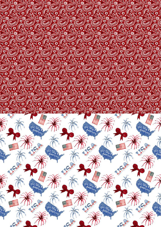 The image shows two patterned sections: the top half is a red paisley design with flowers, and the bottom half features various red, white, and blue patriotic icons, including flags, bows, fireworks, and the words "God Bless America" and "USA."
