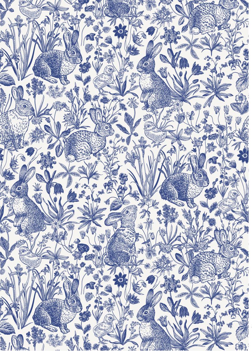 Blue and white toile pattern featuring rabbits, birds, and snails among wildflowers and grass, creating a delicate and detailed nature scene.