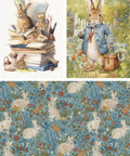 Three illustrations: A rabbit sits on a pile of books with art supplies; another rabbit in a blue coat holds a basket in a garden; the third image is a pattern of rabbits, birds, and flowers against a blue background.