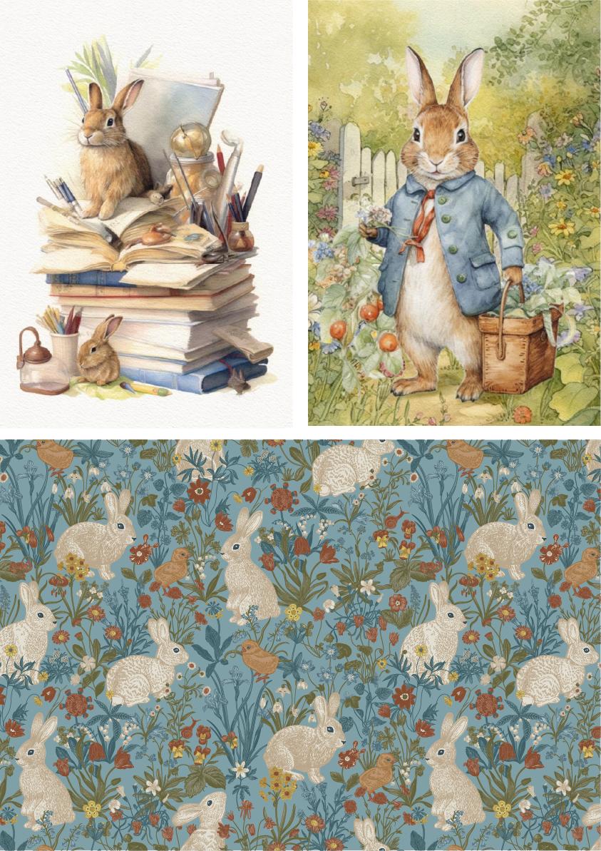 Three illustrations: A rabbit sits on a pile of books with art supplies; another rabbit in a blue coat holds a basket in a garden; the third image is a pattern of rabbits, birds, and flowers against a blue background.