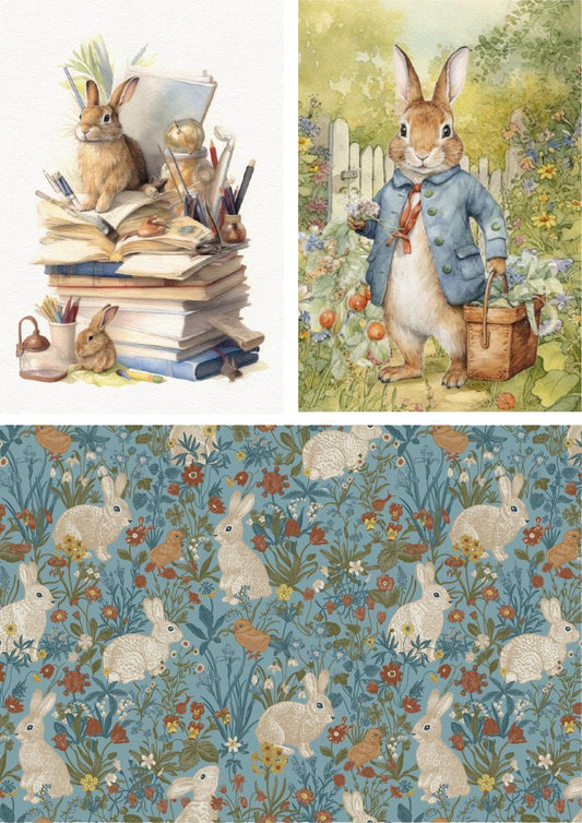 Three illustrations: A rabbit sits on a pile of books with art supplies; another rabbit in a blue coat holds a basket in a garden; the third image is a pattern of rabbits, birds, and flowers against a blue background.